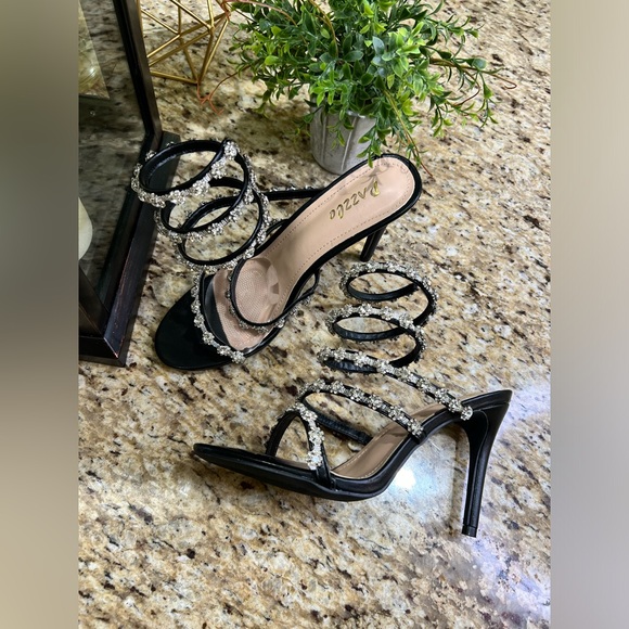 Pazzle Rhinestone Crystal Black/Silver Ankle Wrap High Heel Sandals - Picture 3 of 15